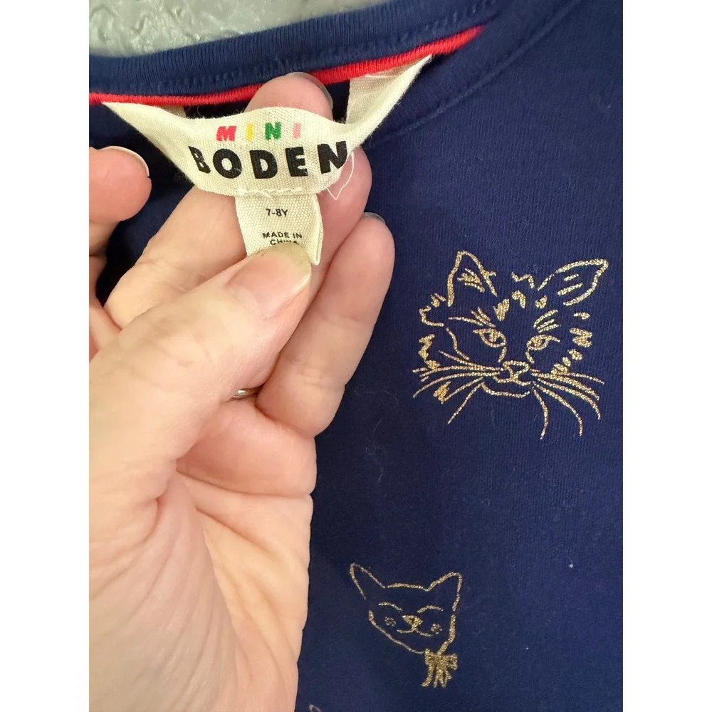 Mini Boden Girls Navy Blue Gold Foil Cat Face Ruffle Skater Dress Size 7-8Y